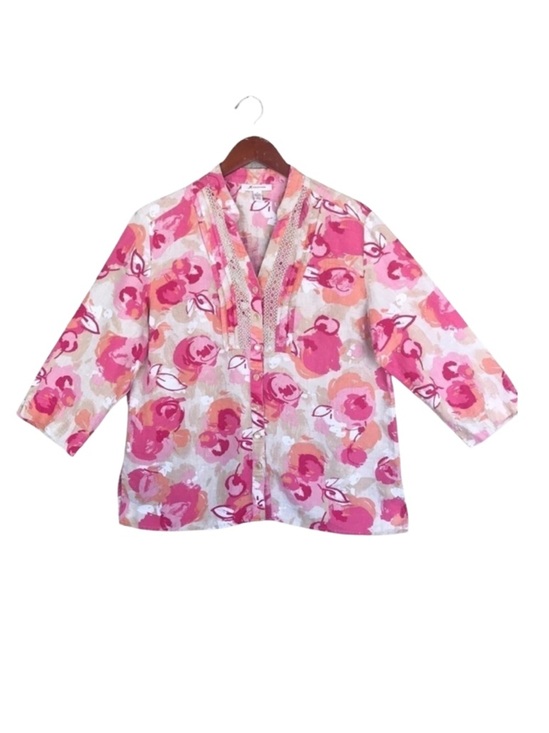 JM Collection Tops - JM Collection Linen Floral Top Crochet Trim Pleated Button Front 12
